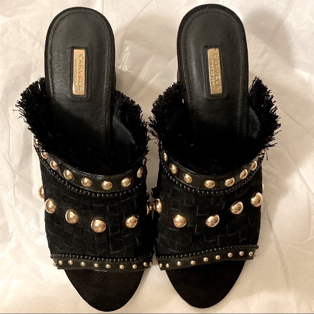 Carvela Kurt Geiger ‘Gander’ Mid Heel  Gold Studded Black Suede Mule Heels 37 - Picture 4 of 16